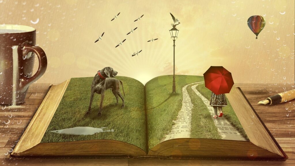 Op de linkerpagina van het opengeslagen boek staat een grote grijze hond bij een plas water. Rechts wandelt een meisje met een rode paraplu door een drassig grasveld.